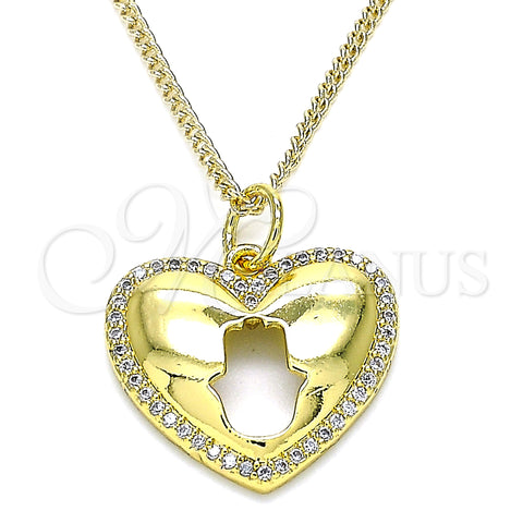 Oro Laminado Pendant Necklace, Gold Filled Style Heart and Hand of God Design, with White Micro Pave, Polished, Golden Finish, 04.341.0080.20 (02 MM Thickness, 20 Inches Length)