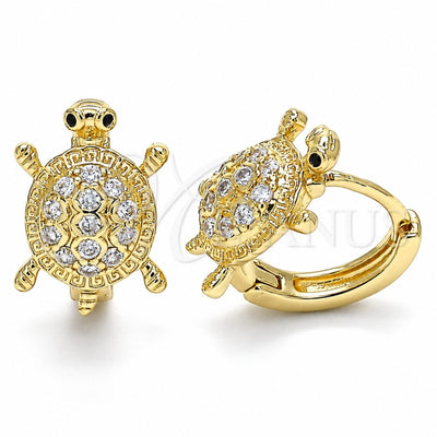 Oro Laminado Huggie Hoop, Gold Filled Style Turtle Design, with Black Micro Pave and White Cubic Zirconia, Polished, Golden Finish, 02.210.0459.12