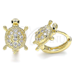 Gold Filled Hoop Earrings — Huggie Hoop Turtle Design with Black Micro Pave — main product view — SKU 140457 | Oro Laminado aretes de aro — Huggie Hoop Turtle diseño with negro Micro Pave — SKU 140457