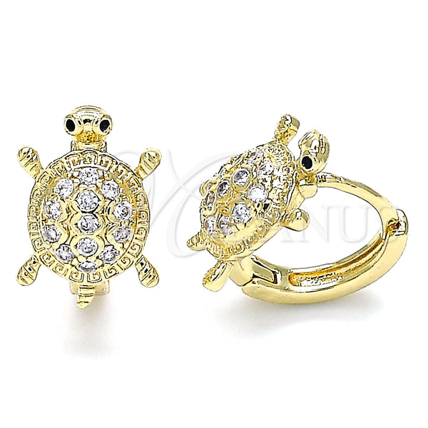 Gold Filled Hoop Earrings — Huggie Hoop Turtle Design with Black Micro Pave — main product view — SKU 140457 | Oro Laminado aretes de aro — Huggie Hoop Turtle diseño with negro Micro Pave — SKU 140457