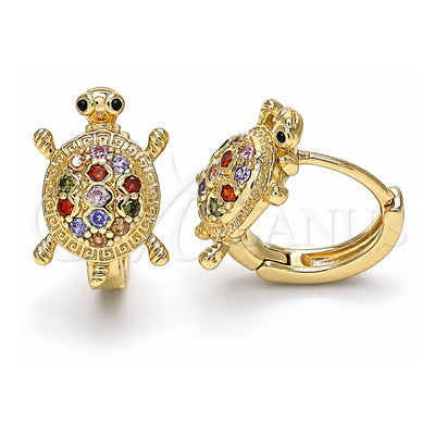Oro Laminado Huggie Hoop, Gold Filled Style Turtle Design, with Multicolor Cubic Zirconia and Black Micro Pave, Polished, Golden Finish, 02.210.0459.1.12