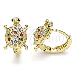 Gold Filled Hoop Earrings — Huggie Hoop Turtle Design with Multicolor Cubic Zirconia — main product view — SKU 140458 | Oro Laminado aretes de aro — Huggie Hoop Turtle diseño with Multicolor Cubic Zirconia — SKU 140458