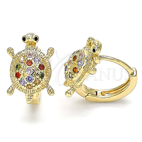 Oro Laminado Huggie Hoop, Gold Filled Style Turtle Design, with Multicolor Cubic Zirconia and Black Micro Pave, Polished, Golden Finish, 02.210.0459.1.12