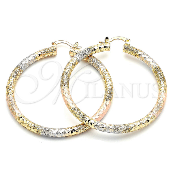 Gold Filled Hoop Earrings — Large Hoop Diamond Cutting Tricolor 02. — main product view — SKU 140491 | Oro Laminado aretes de aro — Large Hoop Diamond Cutting Tricolor 02. — SKU 140491
