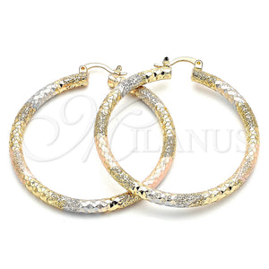 Gold Filled Hoop Earrings — Large Hoop Diamond Cutting Tricolor 02. — main product view — SKU 140491 | Oro Laminado aretes de aro — Large Hoop Diamond Cutting Tricolor 02. — SKU 140491