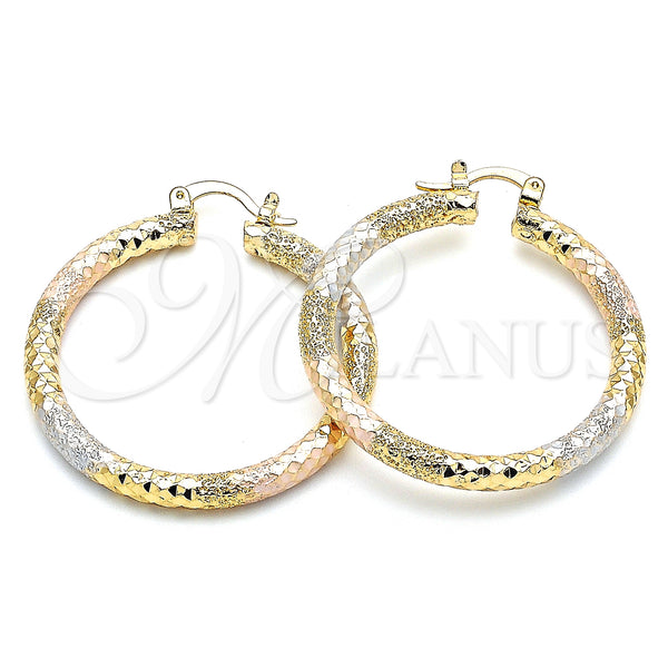 Gold Filled Hoop Earrings — Medium Hoop Diamond Cutting Tricolor 02. — main product view — SKU 140493 | Oro Laminado aretes de aro — Medium Hoop Diamond Cutting Tricolor 02. — SKU 140493