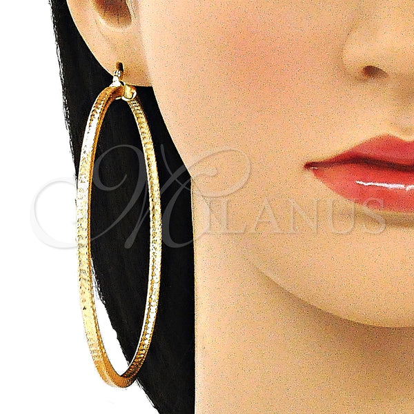 Gold Filled Hoop Earrings — Extra Large Hoop Hollow Design Diamond Cutting 02. — alternate product view — SKU 140498 | Oro Laminado aretes de aro — Extra Large Hoop Hollow diseño Diamond Cutting 02. — SKU 140498