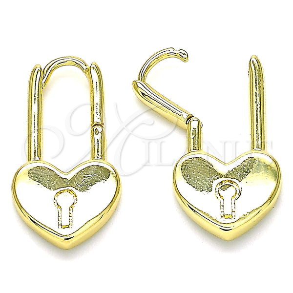 Gold Filled Hoop Earrings — Huggie Hoop Lock and Heart Design Polished 02. — main product view — SKU 140503 | Oro Laminado aretes de aro — Huggie Hoop Lock and corazón diseño pulido 02. — SKU 140503