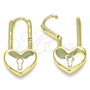 Gold Filled Hoop Earrings — Huggie Hoop Lock and Heart Design Polished 02. — main product view — SKU 140503 | Oro Laminado aretes de aro — Huggie Hoop Lock and corazón diseño pulido 02. — SKU 140503