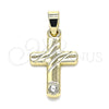 Oro Laminado Religious Pendant, Gold Filled Style Cross Design, with White Crystal, Polished, Golden Finish, 05.213.0079