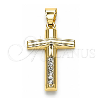 Oro Laminado Religious Pendant, Gold Filled Style Cross Design, with White Crystal, Polished, Golden Finish, 05.213.0080