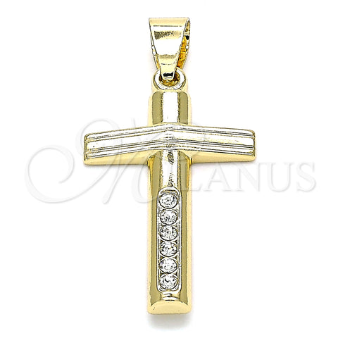 Oro Laminado Religious Pendant, Gold Filled Style Cross Design, with White Crystal, Polished, Golden Finish, 05.213.0080