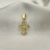 Oro Laminado Religious Pendant, Gold Filled Style Cross Design, with White Crystal, Polished, Golden Finish, 05.213.0087