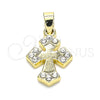 Oro Laminado Religious Pendant, Gold Filled Style Cross Design, with White Crystal, Polished, Golden Finish, 05.213.0087