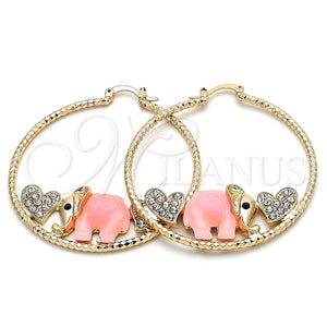 Gold Filled Hoop Earrings — Large Hoop Elephant and Heart Design with White — main product view — SKU 140521 | Oro Laminado aretes de aro — Large Hoop Elephant and corazón diseño with blanco — SKU 140521