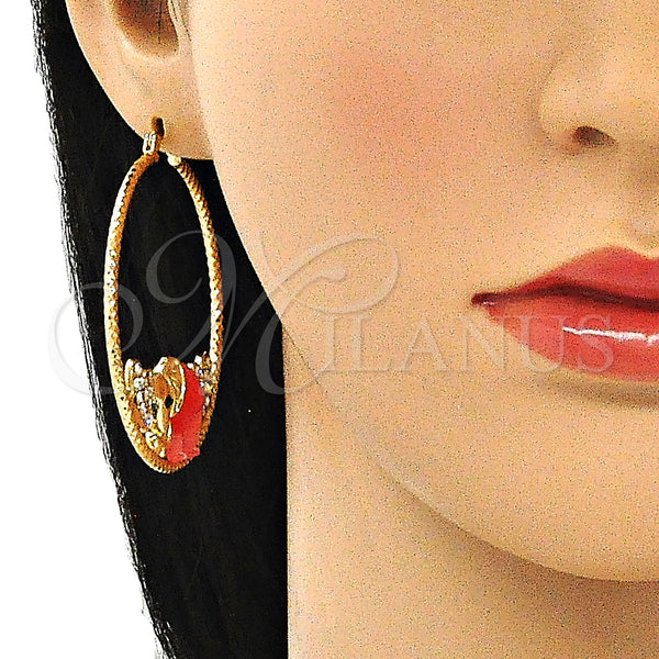 Gold Filled Hoop Earrings — Large Hoop Elephant and Heart Design with White — alternate product view — SKU 140522 | Oro Laminado aretes de aro — Large Hoop Elephant and corazón diseño with blanco — SKU 140522