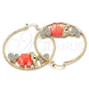 Oro Laminado Large Hoop, Gold Filled Style Elephant and Heart Design, with White and Black Crystal, Dark Pink Resin Finish, Golden Finish, 02.380.0051.4.50