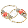 Oro Laminado Large Hoop, Gold Filled Style Elephant and Heart Design, with White and Black Crystal, Dark Pink Resin Finish, Golden Finish, 02.380.0051.4.50