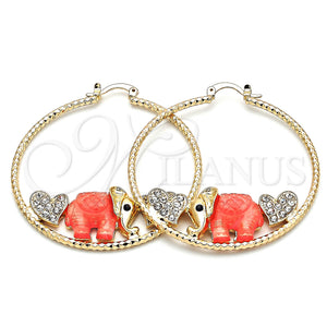 Gold Filled Hoop Earrings — Large Hoop Elephant and Heart Design with White — main product view — SKU 140522 | Oro Laminado aretes de aro — Large Hoop Elephant and corazón diseño with blanco — SKU 140522
