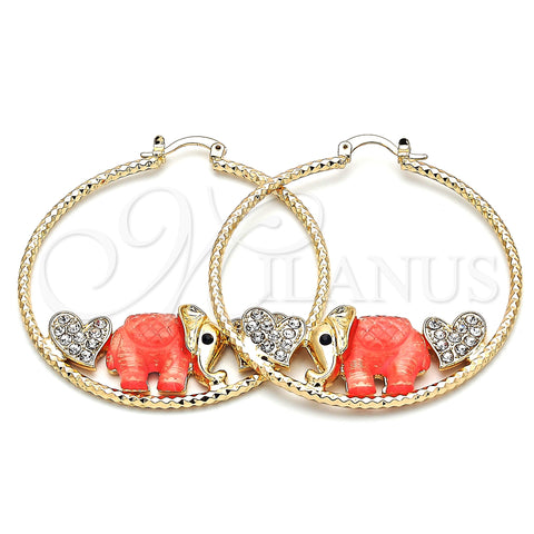 Oro Laminado Large Hoop, Gold Filled Style Elephant and Heart Design, with White and Black Crystal, Dark Pink Resin Finish, Golden Finish, 02.380.0051.4.50