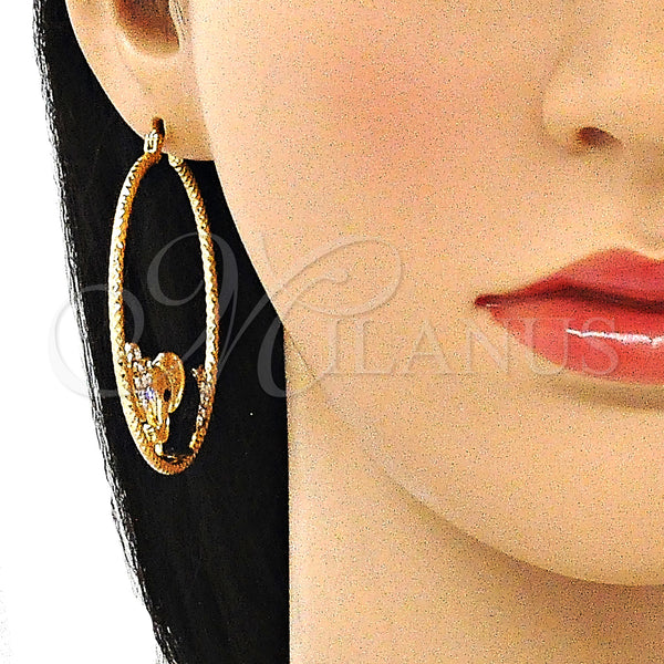 Gold Filled Hoop Earrings — Large Hoop Elephant and Heart Design with White — alternate product view — SKU 140523 | Oro Laminado aretes de aro — Large Hoop Elephant and corazón diseño with blanco — SKU 140523