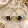Oro Laminado Large Hoop, Gold Filled Style Elephant and Heart Design, with White and Black Crystal, Black Resin Finish, Golden Finish, 02.380.0051.5.50