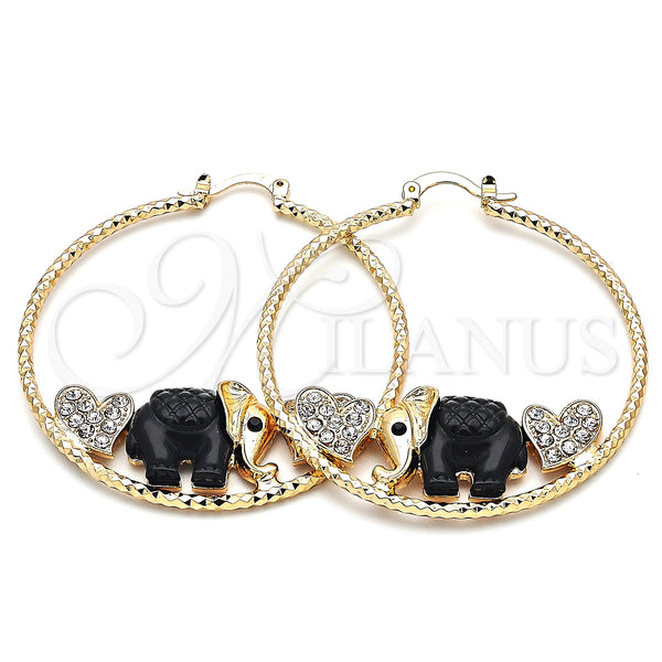 Gold Filled Hoop Earrings — Large Hoop Elephant and Heart Design with White — main product view — SKU 140523 | Oro Laminado aretes de aro — Large Hoop Elephant and corazón diseño with blanco — SKU 140523
