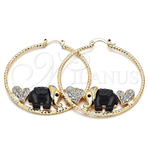 Gold Filled Hoop Earrings — Large Hoop Elephant and Heart Design with White — main product view — SKU 140523 | Oro Laminado aretes de aro — Large Hoop Elephant and corazón diseño with blanco — SKU 140523