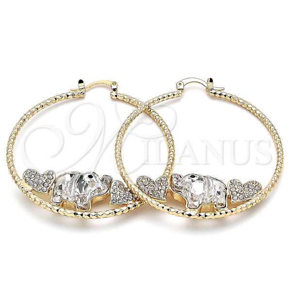 Gold Filled Hoop Earrings — Large Hoop Elephant and Heart Design with White — main product view — SKU 140525 | Oro Laminado aretes de aro — Large Hoop Elephant and corazón diseño with blanco — SKU 140525