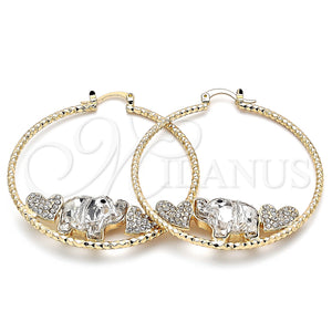 Gold Filled Hoop Earrings — Large Hoop Elephant and Heart Design with White — main product view — SKU 140525 | Oro Laminado aretes de aro — Large Hoop Elephant and corazón diseño with blanco — SKU 140525