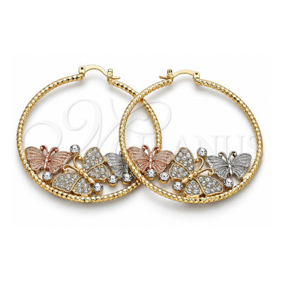 Oro Laminado Large Hoop, Gold Filled Style Butterfly Design, with White Crystal, Diamond Cutting Finish, Tricolor, 02.380.0054.50