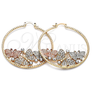 Gold Filled Hoop Earrings — Large Hoop Butterfly Design with White Crystal Diamond — main product view — SKU 140527 | Oro Laminado aretes de aro — Large Hoop Butterfly diseño with cristal blanco Diamond — SKU 140527