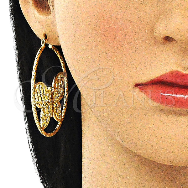 Gold Filled Hoop Earrings — Large Hoop Butterfly Design with White Crystal Diamond — alternate product view — SKU 140528 | Oro Laminado aretes de aro — Large Hoop Butterfly diseño with cristal blanco Diamond — SKU 140528