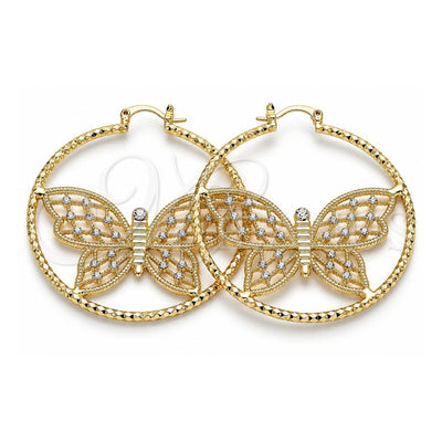 Oro Laminado Large Hoop, Gold Filled Style Butterfly Design, with White Crystal, Diamond Cutting Finish, Golden Finish, 02.380.0055.50