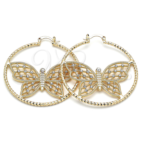 Gold Filled Hoop Earrings — Large Hoop Butterfly Design with White Crystal Diamond — main product view — SKU 140528 | Oro Laminado aretes de aro — Large Hoop Butterfly diseño with cristal blanco Diamond — SKU 140528