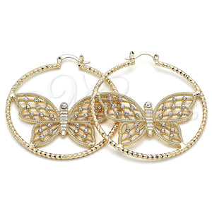 Gold Filled Hoop Earrings — Large Hoop Butterfly Design with White Crystal Diamond — main product view — SKU 140528 | Oro Laminado aretes de aro — Large Hoop Butterfly diseño with cristal blanco Diamond — SKU 140528
