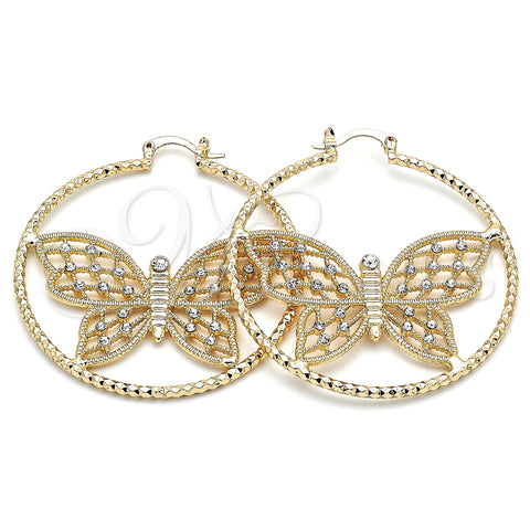 Oro Laminado Large Hoop, Gold Filled Style Butterfly Design, with White Crystal, Diamond Cutting Finish, Golden Finish, 02.380.0055.50