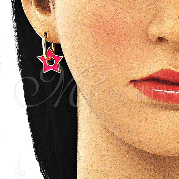 Gold Filled Hoop Earrings — Huggie Hoop Star Design Dark Pink Enamel 02. — alternate product view — SKU 140540 | Oro Laminado aretes de aro — Huggie Hoop estrella diseño Dark Pink Enamel 02. — SKU 140540