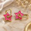 Oro Laminado Huggie Hoop, Gold Filled Style Star Design, Dark Pink Enamel Finish, Golden Finish, 02.362.0003.1.12