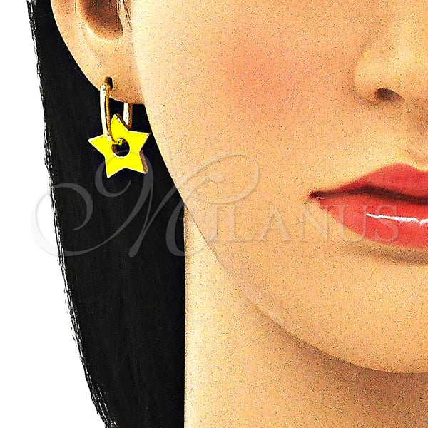 Gold Filled Hoop Earrings — Huggie Hoop Star and Paperclip Design Yellow Enamel — alternate product view — SKU 140541 | Oro Laminado aretes de aro — Huggie Hoop estrella and Paperclip diseño Yellow Enamel — SKU 140541