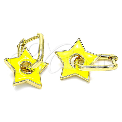 Gold Filled Hoop Earrings — Huggie Hoop Star and Paperclip Design Yellow Enamel — main product view — SKU 140541 | Oro Laminado aretes de aro — Huggie Hoop estrella and Paperclip diseño Yellow Enamel — SKU 140541