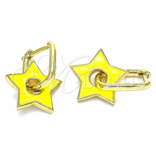 Gold Filled Hoop Earrings — Huggie Hoop Star and Paperclip Design Yellow Enamel — main product view — SKU 140541 | Oro Laminado aretes de aro — Huggie Hoop estrella and Paperclip diseño Yellow Enamel — SKU 140541