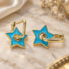 Oro Laminado Huggie Hoop, Gold Filled Style Star Design, Blue Enamel Finish, Golden Finish, 02.362.0003.3.12