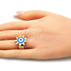 Oro Laminado Elegant Ring, Gold Filled Style Evil Eye and Sun Design, Blue Enamel Finish, Golden Finish, 01.313.0001 (One size fits all)