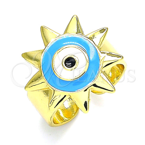 Oro Laminado Elegant Ring, Gold Filled Style Evil Eye and Sun Design, Blue Enamel Finish, Golden Finish, 01.313.0001 (One size fits all)
