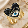 Oro Laminado Elegant Ring, Gold Filled Style Evil Eye and Heart Design, Black Enamel Finish, Golden Finish, 01.313.0002 (One size fits all)