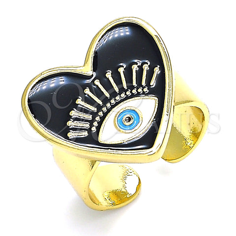Oro Laminado Elegant Ring, Gold Filled Style Evil Eye and Heart Design, Black Enamel Finish, Golden Finish, 01.313.0002 (One size fits all)