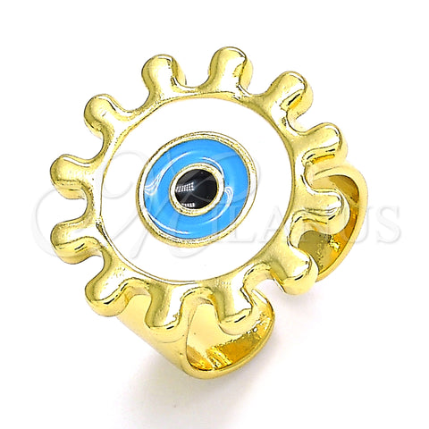 Oro Laminado Elegant Ring, Gold Filled Style Evil Eye and Sun Design, White Enamel Finish, Golden Finish, 01.313.0005 (One size fits all)