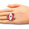 Oro Laminado Elegant Ring, Gold Filled Style Evil Eye and Heart Design, Red Enamel Finish, Golden Finish, 01.313.0008 (One size fits all)