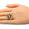 Oro Laminado Elegant Ring, Gold Filled Style Evil Eye and Star Design, Black Enamel Finish, Golden Finish, 01.313.0009.1 (One size fits all)